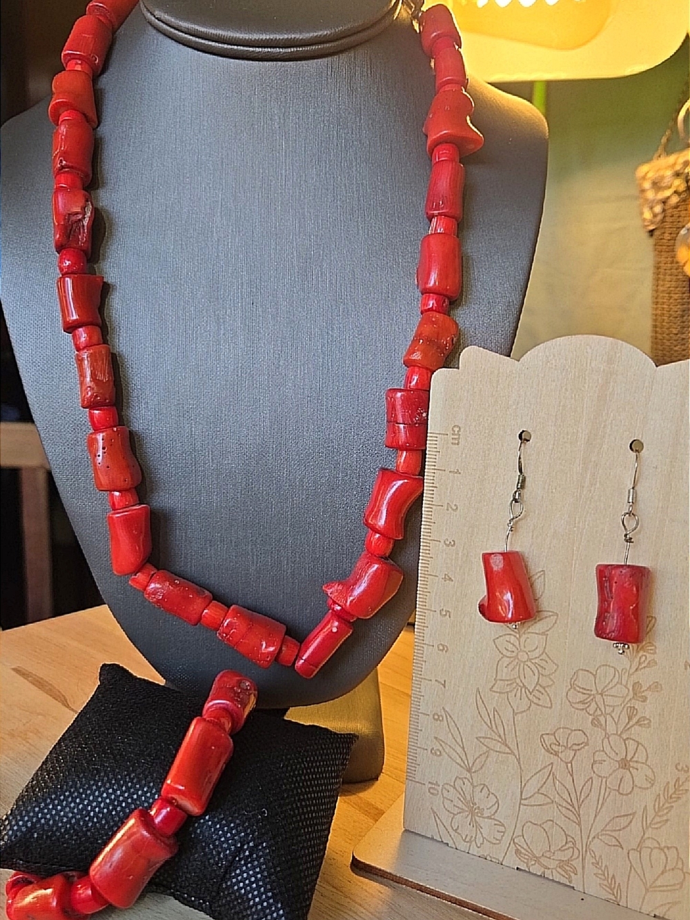 Red Coral Bead Necklace, Bracelet, and Earring Set